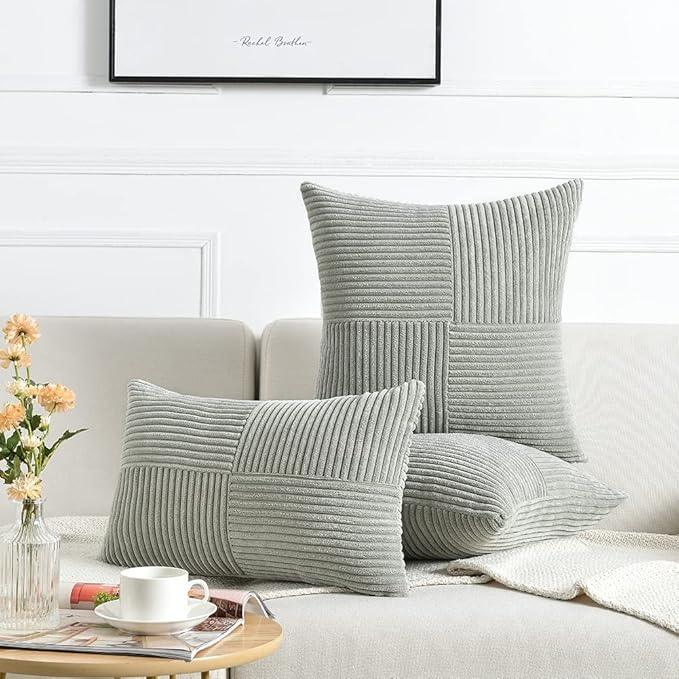 Fancy Homi 2 Packs Grey Decorative Throw Pillow Covers 22x22 Inch for Living Room Couch Bed Sofa, Rustic Farmhouse Boho Home Decor, Soft Corss Corduroy Patchwork Accent Square Cushion Case 55x55 cm