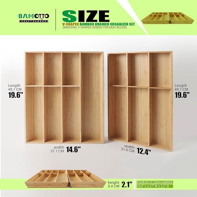 V-Shaped Extra Large Bamboo Drawer Organizer Set of 2, Kitchen Cutlery Tray Utensil Plate, Flatware&Silverware Storage Box, Wood Organizer for Bedroom, Living Room (19.6