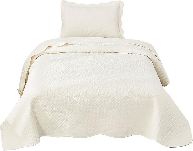 MarCielo 3-Piece 100% Cotton Oversized Bedspread Lightweight Quilt Coverlet Embroidery Farmhouse Bedding Set T0 (Bright White, Twin (68