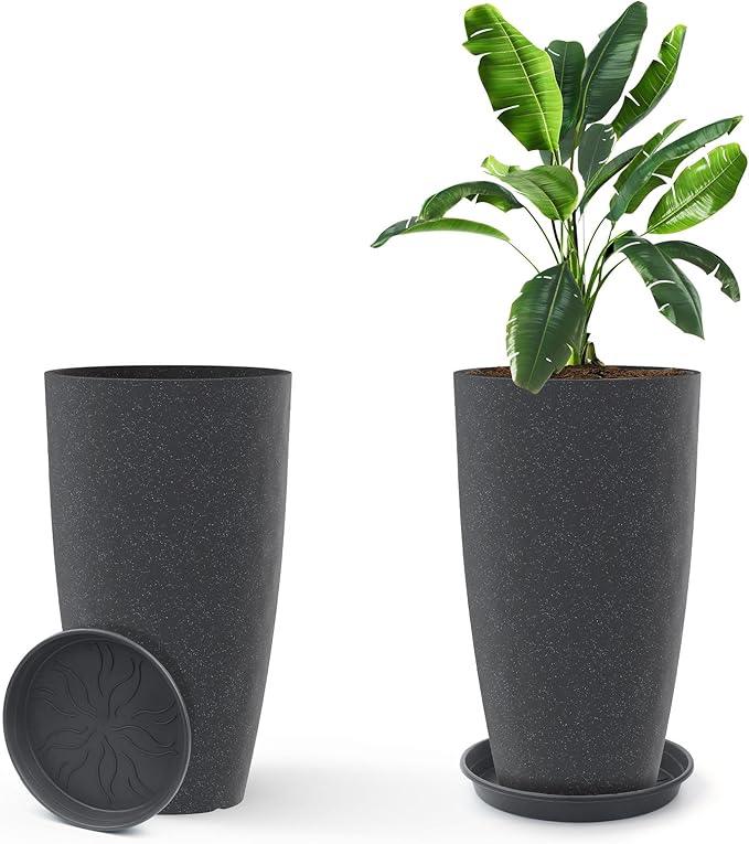 GameXcel Tall Flower Pot Indoor - Outdoor Plant Pot - Black Glossy Planter - Elegant Stone Imitation - 12