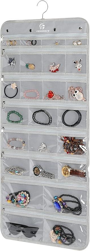 Freegrace Hanging Jewelry Organizer Revolving Hanger - Secure Zipper Closure - 50 Pockets - Foldable Storage & Display Solution - For All Jewelry & Bijoux (Gray)
