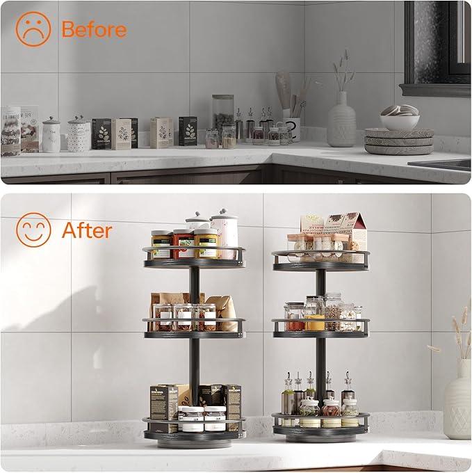 HOOBRO Lazy Susan Organizer, Rotating Spice Rack, 3-Tier Organizer, Turntable Spice Rack, Vertical Storage Organizer, for Kitchen Countertop, Vanity, Dining Table, Black BB09TL01