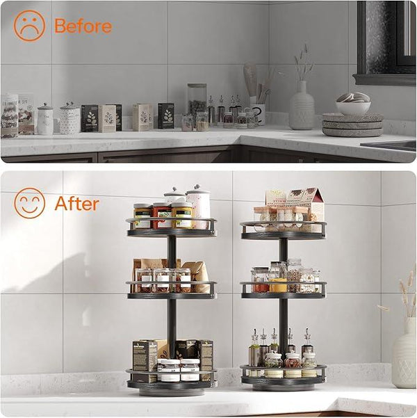 HOOBRO Lazy Susan Organizer, Rotating Spice Rack, 3-Tier Organizer, Turntable Spice Rack, Vertical Storage Organizer, for Kitchen Countertop, Vanity, Dining Table, Black BB09TL01