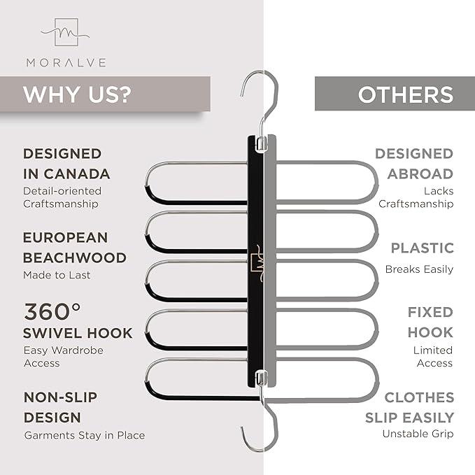 MORALVE Pants Hangers Space Saving - 2 Pack European Beechwood Scarf and Jean Hangers - Closet Organizer and Space Saver Pant Rack, Leggings Hanger, and Scarf Holder with 360° Swivel Hook