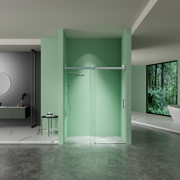 Modern bathroom with green shower enclosure and view of forest outside