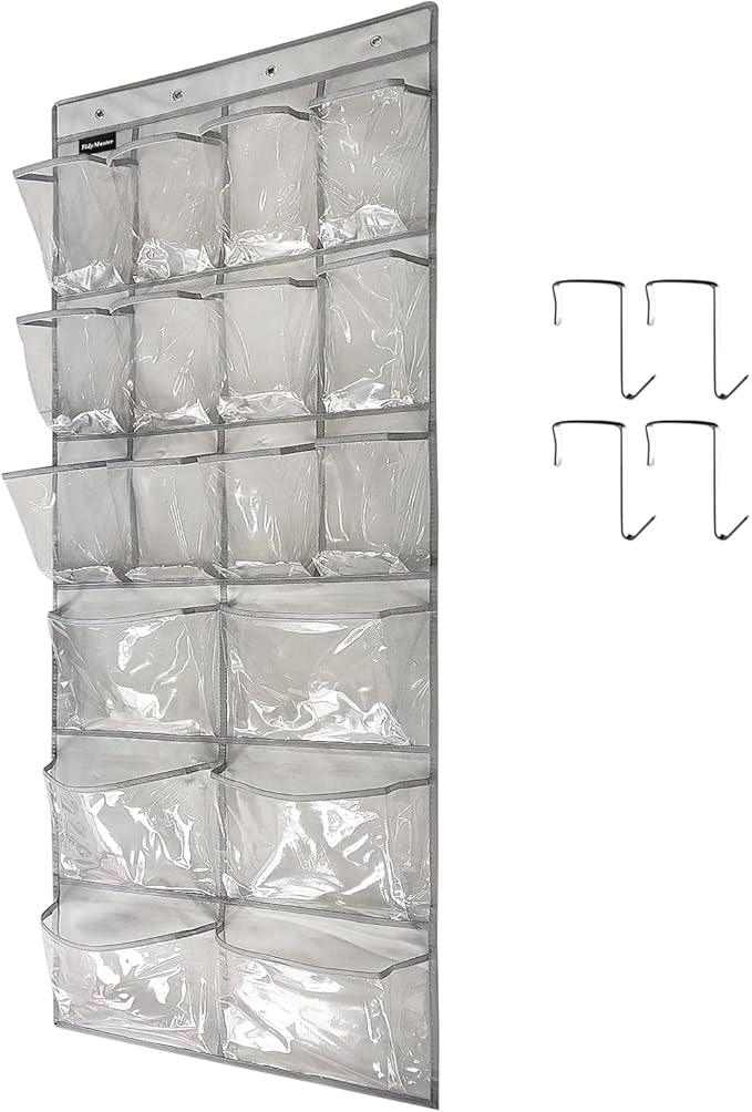 Extra Large Hanging Crystal Clear Over Door Shoe Organizer, Closet Shoe Rack with 12+6 Pockets, 8 Hooks, Grey (59
