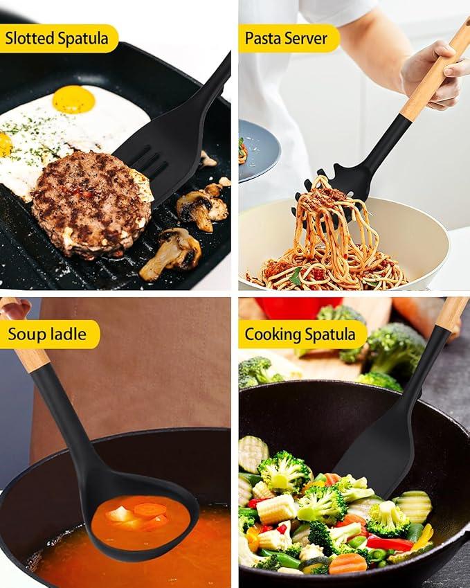 Silicone Kitchen Utensil Set for Non Stick Cookware, 7 Pcs Heat Resistant Cooking Utensils with Wooden Handle, BPA Free Kitchen Tools with Spatulas, Spoons, Skimmer and Pasta Fork (BLACK)