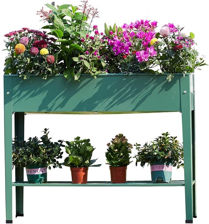 Raised Garden Bed, Elevated Planter Green Metal Plant Box with Legs Standing Garden Stand Drainage Holes Green (Green 40