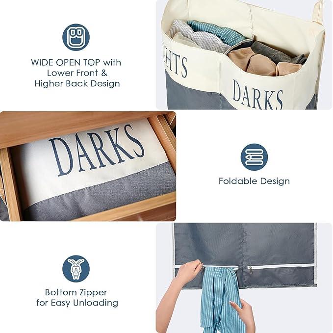 The Fine Living Co. X-Large Two Compartments Hanging Laundry Hamper with Over Door Hooks, Durable Space Saving Laundry Bag Storage with Bottom Zipper, Wide Open Top Dark/Light Compartment(25