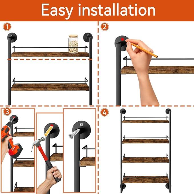 IBUYKE Spice Rack Wall Mount,4 Tier Hanging Seasoning Organizer,Large Spice Rack for Wall for up to 50 Jars,Spice Organization for Kitchen Cabinet,Bathroom,Pantry,Living Room,Brown TLJ016H