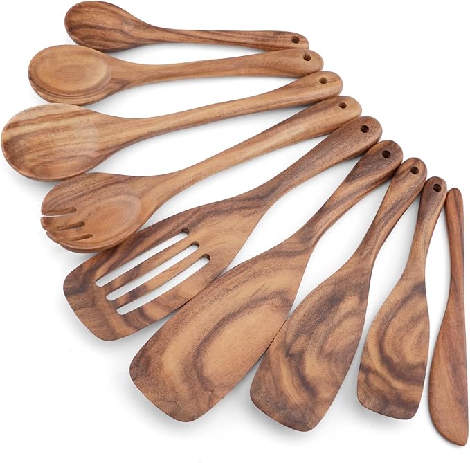Wooden Cooking Utensils Set, 9 PCS Teak Wood Spoons, Spatula, Slotted Spoon, Handmade Modern Kitchen Utensils