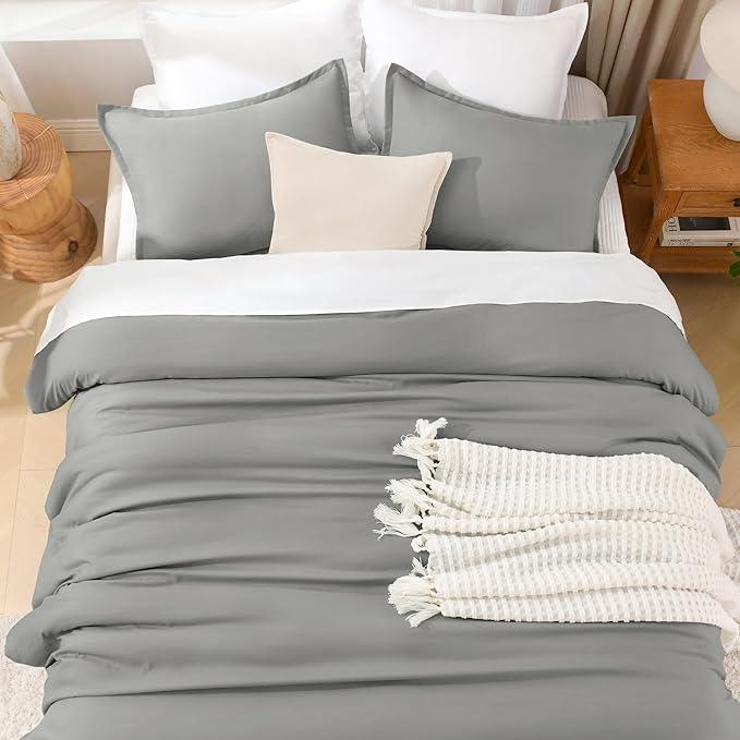 Litanika Comforters Medium Gray Super King Plus Size, 3 Pieces Lightweight Solid Bedding Set & Collections, All Season Fluffy Bed Set (128x120In Comforter & 2 Pillowcases)