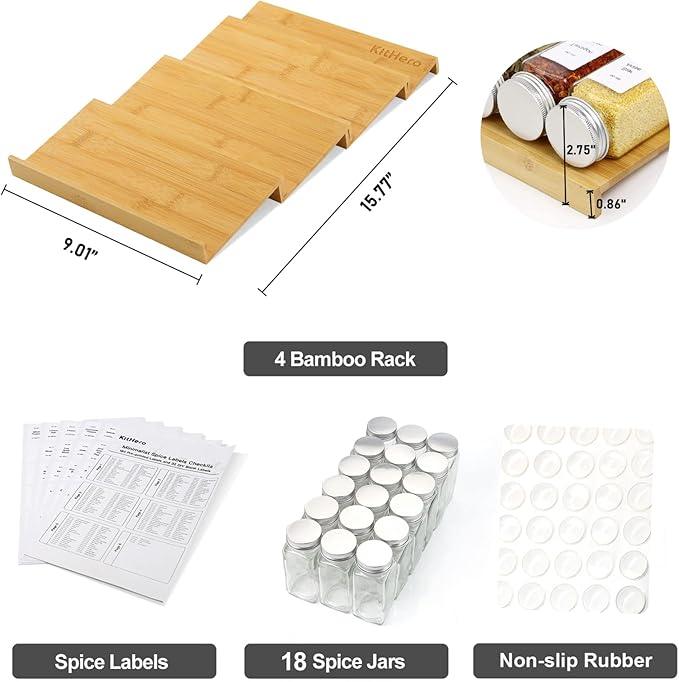 Spice Drawer Organizer with 18 Spice Jars,216 Labels,50 Non-slip Rubber, Bamboo 4 Tier Seasoning Rack Tray Insert for Kitchen Drawers,Cabinets,Countertop,9