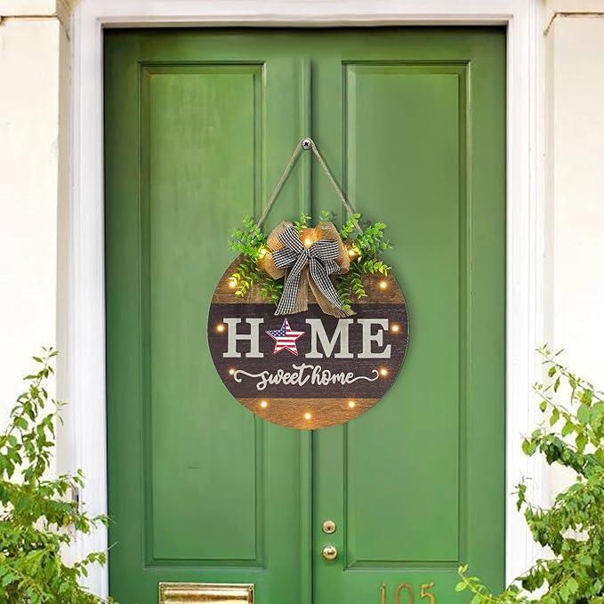 Interchangeable Welcome Sign for Front Door with 14 Changeable Icons, Farmhouse Front Porch Decor Rustic Wooden Wall Sign with 12 LED Lights, Outdoor Seasonal Welcome Home Decorations (Wood home1)