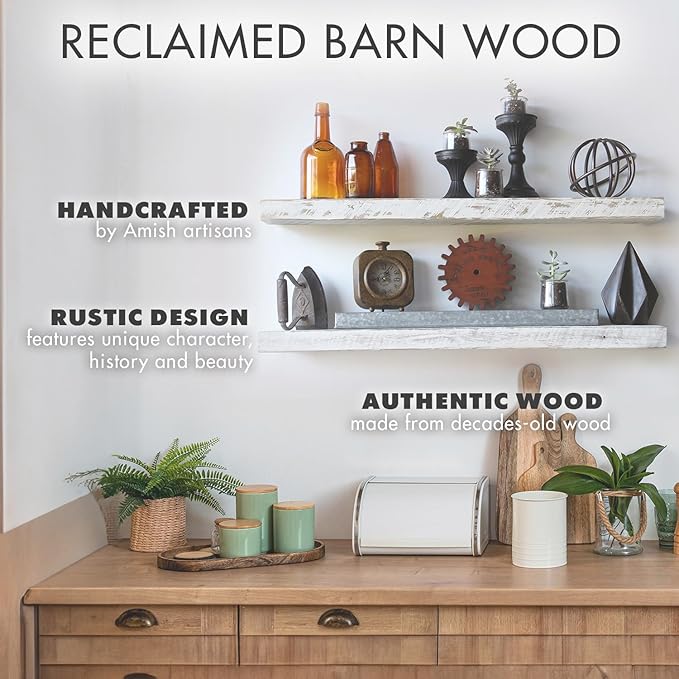 Urban Legacy Reclaimed Barnwood Planks | Floating Shelves for Wall w/Flush Mount Shelf Bracket Set Included | Set of 2 (White Wash, 40