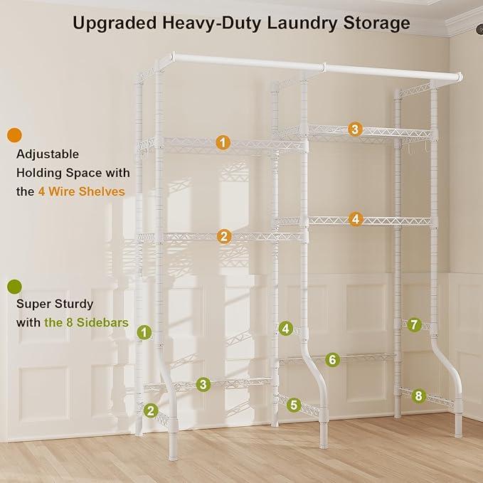 U14 Over Washer and Dryer Storage Shelves, 4 Tiers Laundry Room Storage and Organizer System, Space Saving Clothes Drying Rack with 2 Clothes Hanger Rods, 66.5