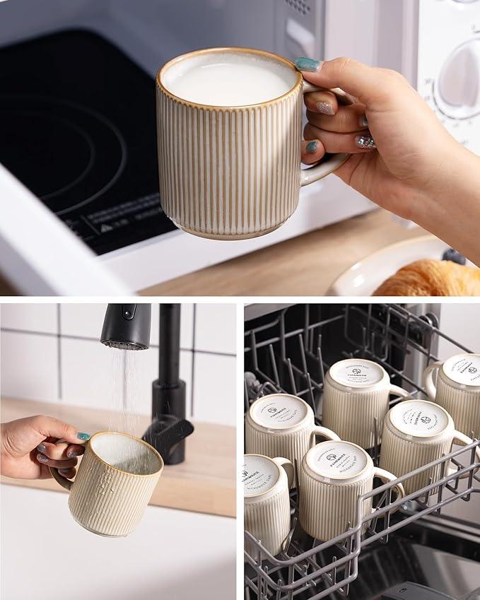 famiware Coffee Mug Set for 6, Star 12 oz Catering Mugs Cup Set with Handle for Coffee, Tea, Cocoa, Milk - Ceramic Stoneware Drinkware Set, Cappuccino White