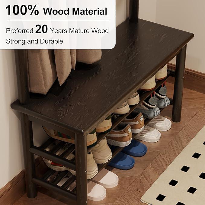 Coat Rack with Shoe Storage, Wooden Hall Tree with Bench, 11 Hooks and 2-Tier Storage Shelves, 3-in-1, Entryway Bench with Coat Rack (31.5