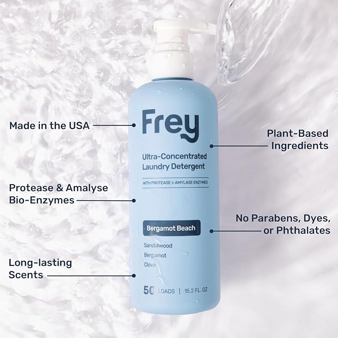 FREY Concentrated Liquid Laundry Detergent | Formulated for Sensitive Skin & HE Washers | Removes Stains Effectively | 50 Loads per Bottle (Cedar Grove & Bergamot Beach)