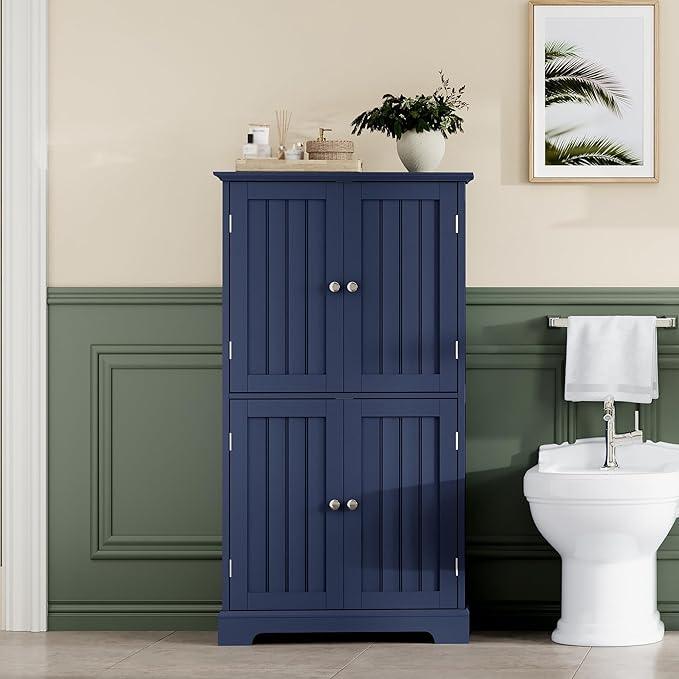 ChooChoo Bathroom Floor Cabinet, Modern Bathroom Storage Cabinet with 4 Doors and Adjustable Shelves, Freestanding Cupboard for Living Room, Navy Blue