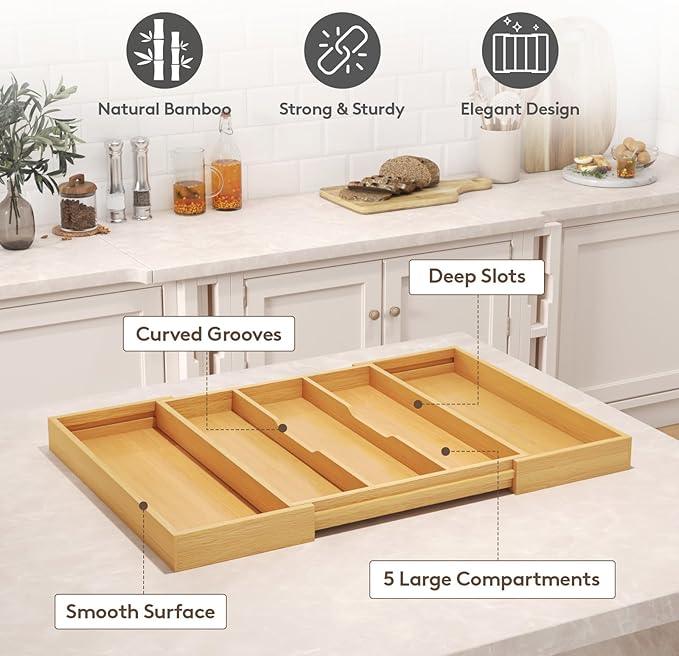 Lifewit Utensil Organizer for Kitchen Drawer, Expandable Cooking Utensil Tray, Bamboo Cutlery Silverware Flatware Holder, Adjustable Spatula Tools Gadget Storage Divider, 28 x18.5 x 2 inches, Natural