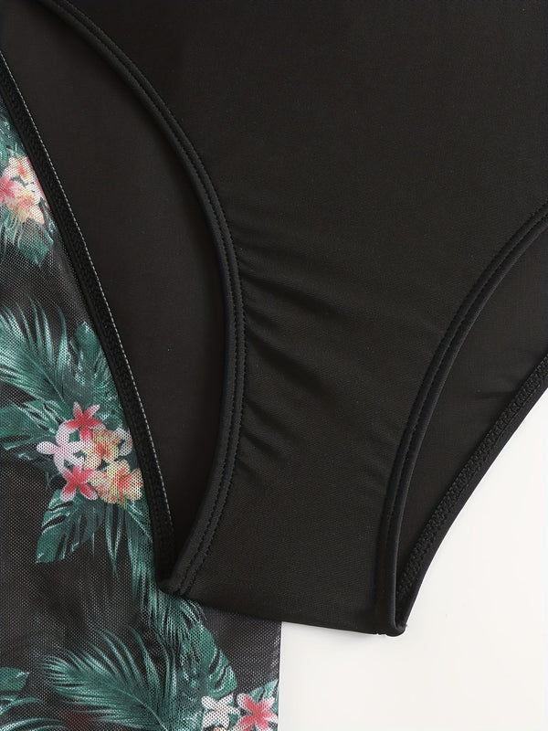 Bikini 3 Piece Tropical Print Swimsuit Set – High Stretch Comfortable Women's Bikini with Crew Neck Mesh Cover-Up – Chic Vacation Beachwear for Summer Casual Style & Poolside Glamour