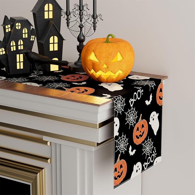 XCHI Boo Spooky Ghost Pumpkin Halloween Table Runner Burlap Table Decoration for Home Kitchen Dining Dinner Indoor Holiday Farmhouse Decor 13x90 Inch