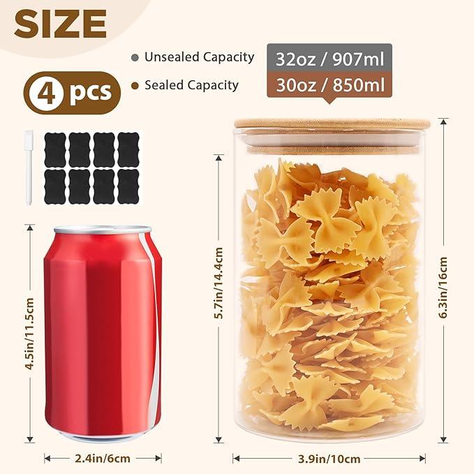 32oz Glass Food Storage Jars, Glass Jars with Bamboo Lids, Kitchen Storage Jars, Canisters with Airtight Lids for Spice, Coffee, Cookie, Set of 4, Pantry Organizers