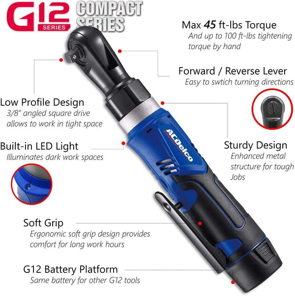 ACDelco ARW1209-K9 G12 Series 12V Lithium-Ion Battery And Charger Cordless 1/4” & 3/8” Ratchet Wrench Combo Tool Kit with Canvas Bag