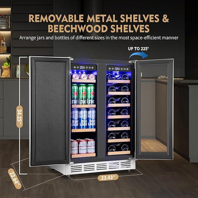 Wine and Beverage Refrigerator, 24 Inch Stainless Steels Beverage Fridge Dual Zone, Wine Beverage Cooler Built-in or Freestanding with Upgraded Cooling, 20 Bottles and 88 Cans Large Capacity