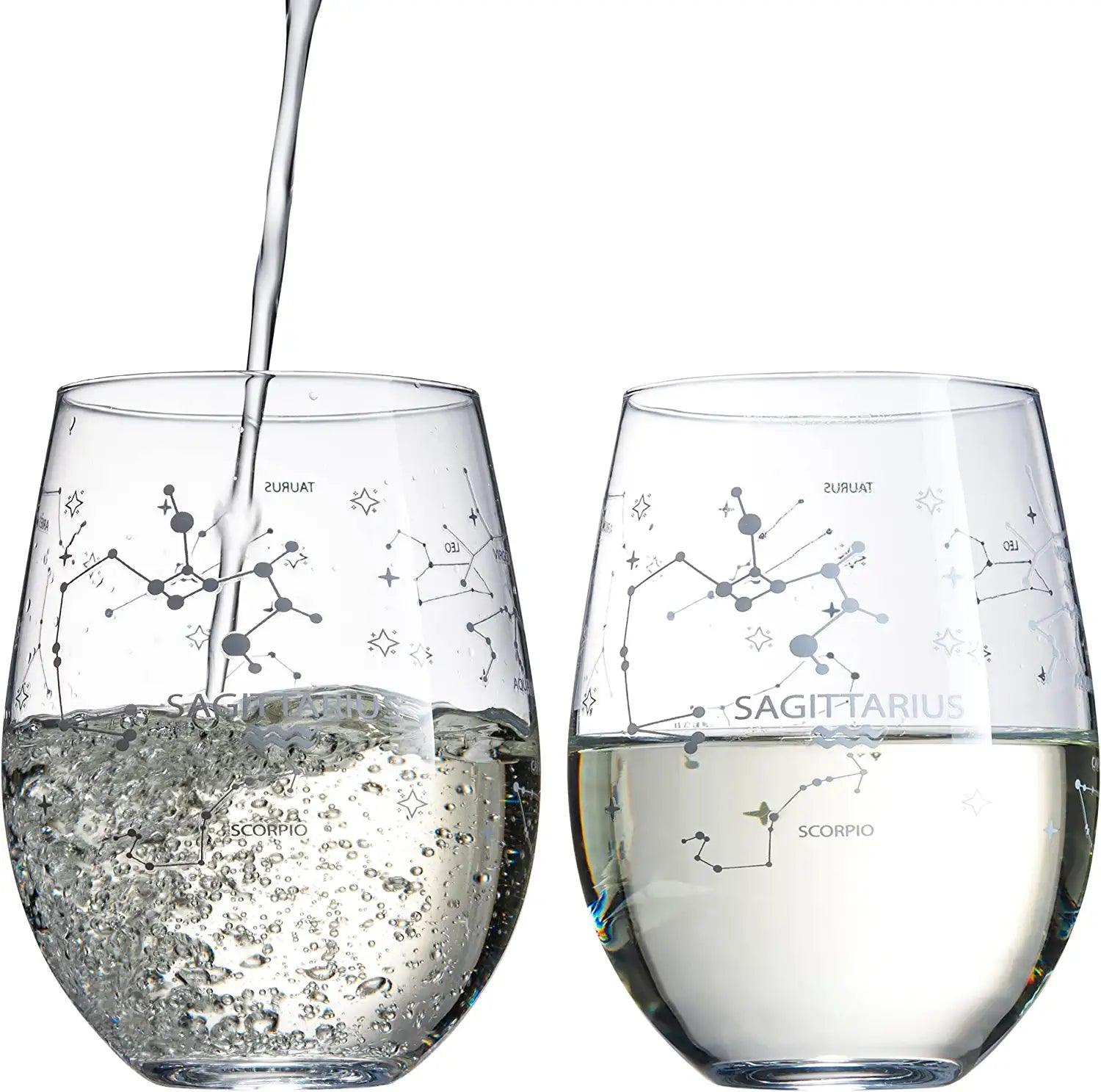 Set of 2 Zodiac Sign Wine Glasses with 2 Wooden Coasters by The Wine Savant - Astrology Drinking Glass Set with Etched Constellation Tumblers for Juice, Home Bar Horoscope Gifts 18oz (Sagittarius)
