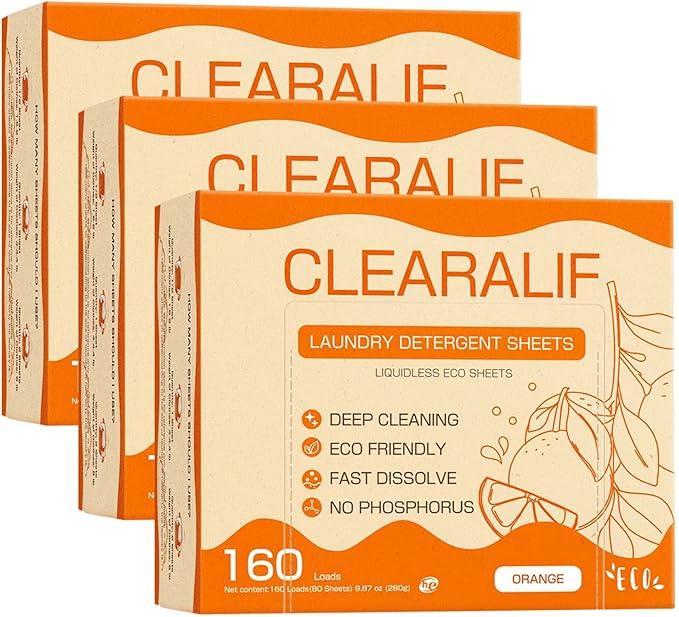 Laundry Detergent Sheets (480 Loads), Orange,Great For Travel,Apartments, Dorms,CLEARALIF Laundry Detergent Strips Eco Friendly & Hypoallergenic (80 Count, Pack of 3)