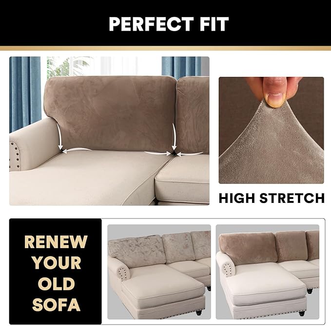 PrinceDeco Sectional Couch Covers Velvet Cushion Covers for Sectional Couch Cushion Covers for Sectional Sofa Separate Sectional Sofa Slipcovers Washable(1 Chaise Back+ 2 Sofa Back,Taupe)