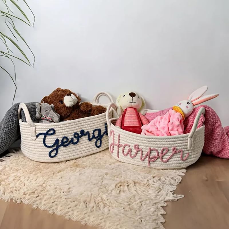 Personalized Baby Name Basket, Custom Woven Baby Shower Gift Basket with Cotton Rope Handle Baby Diaper Nursery Shelf Storage Basket Bin for Kids' Bedroom (Style 2)
