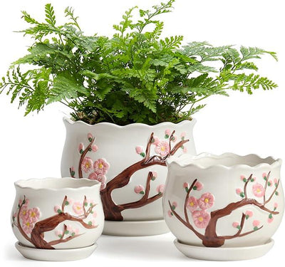 Ceramic Plant Pots with Drainage Holes and Saucers, Round Flower Pots for Indoor Plant, 3.9/5.2/6.7 Inches Small Flower Planters Set of 3