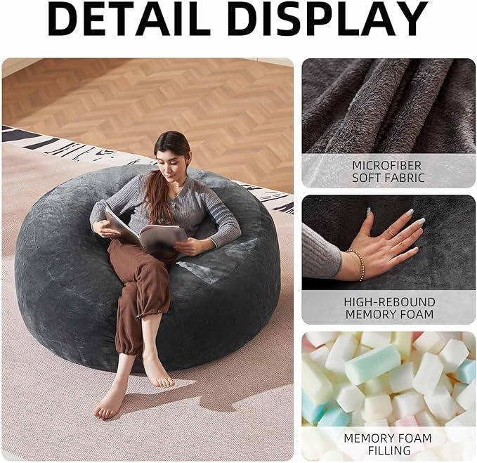 Bean Bag Chair 4Ft, Memory Foam Filled, Large Beanbag Chairs for Adults and Teens, Soft Sofa with Removable Flannel Cover, Round Couch for Living Room Bedroom College Dorm (Dark Gray, 4FT-47×47