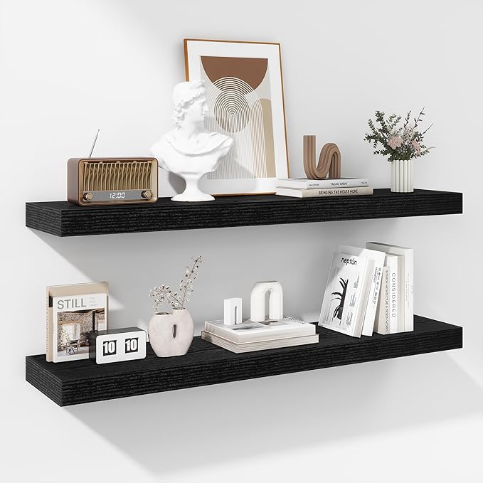 Fun Memories 36 Inch Floating Shelves - Deep Rustic Black Wooden Wall Shelves - Extra Deeper & Thicker Wall Mounted Storage Shelf for Bedroom, Kitchen, Farmhouse - 2 Pack, Rustic Black