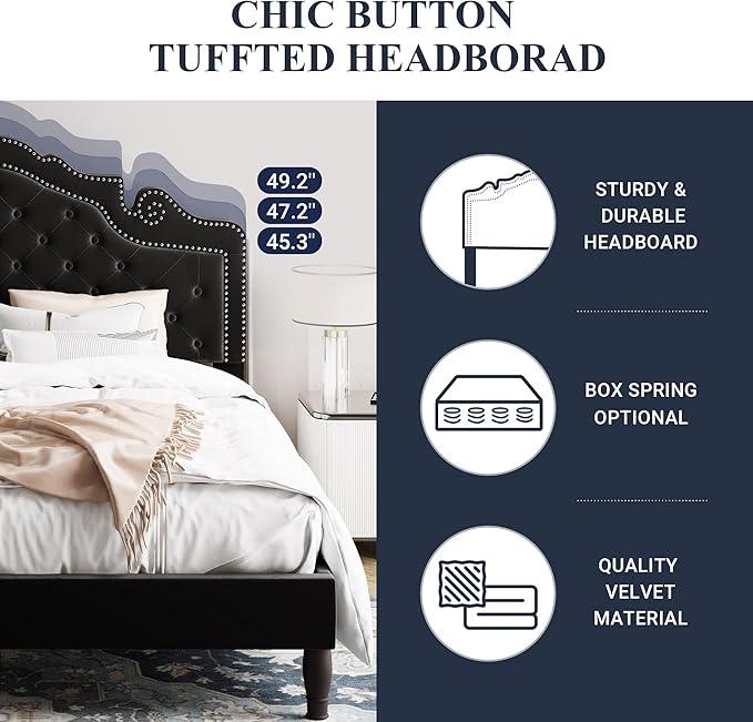 Allewie King Bed Frame with Adjustable Velvet Tiara Headboard, Upholstered Diamond Button Tufted Platform Bed, Wood Slats Support, No Box Spring Needed, Mattress Foundation, Easy Assembly, Black