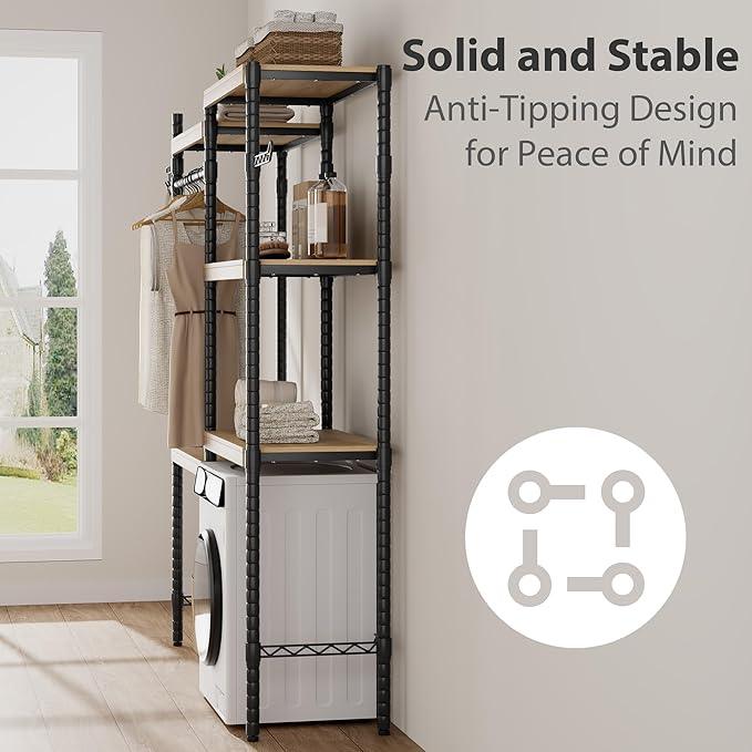 CABIHOME 5-Tier Over-The-Washer Shelf - Adjustable Height Laundry Organizer Space Saver, Double-Layer 100lb Shelves, 2 Hooks for Bathroom/Balcony (Natural& Black)