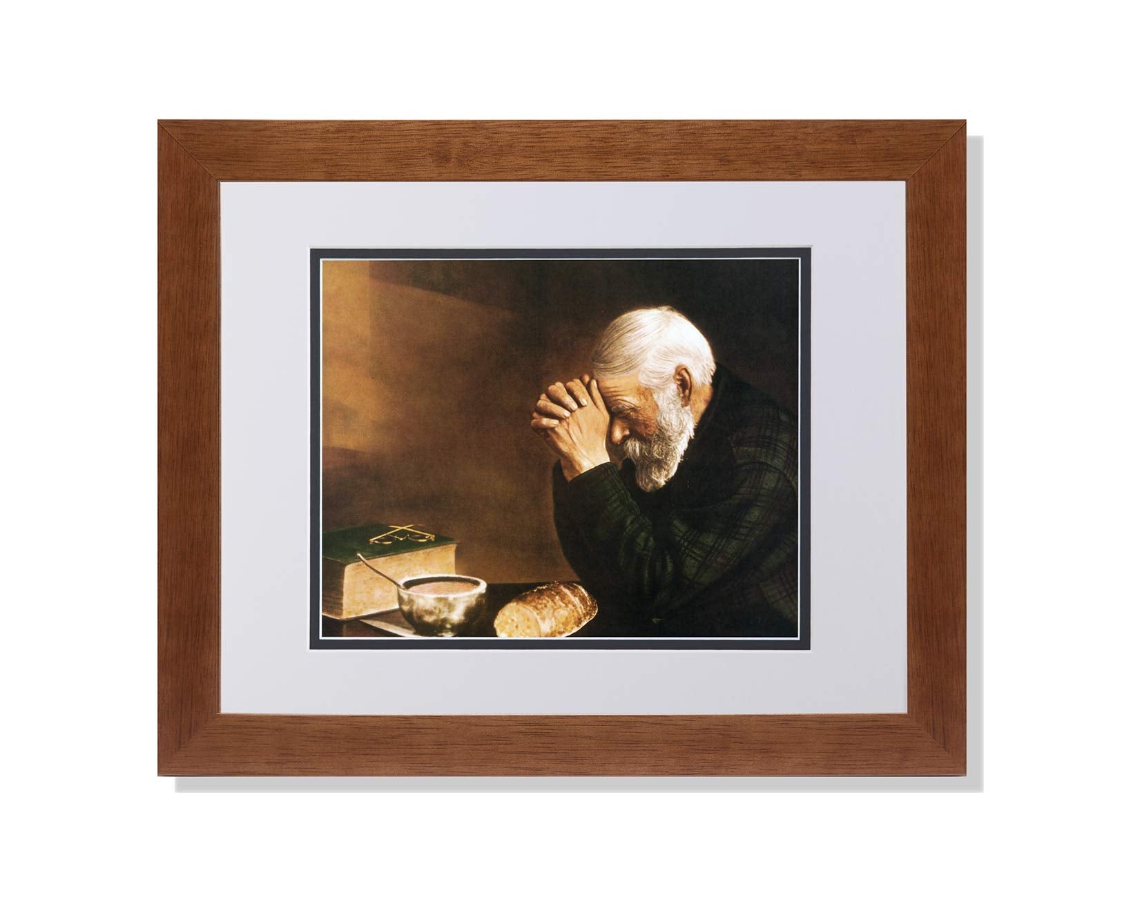 Religious Framed Art – Daily Bread Prayer Man Print | Oak Wood Frame, Double Mat
