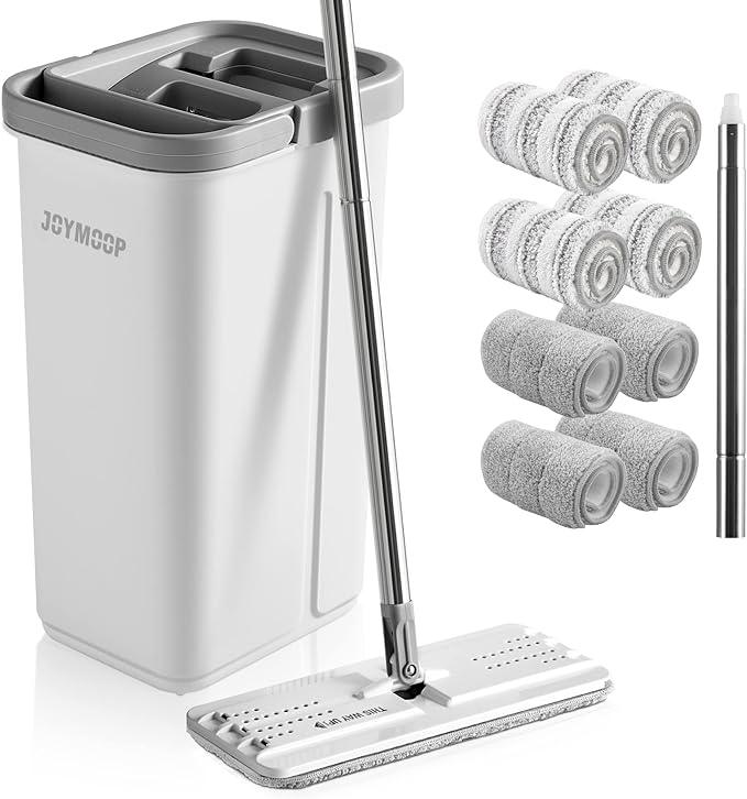 JOYMOOP Mop and Bucket with Wringer Set, Hands Free Flat Floor Mop and Bucket, with 8 Washable Microfiber Pads, Wet and Dry Use, Floor Cleaning System