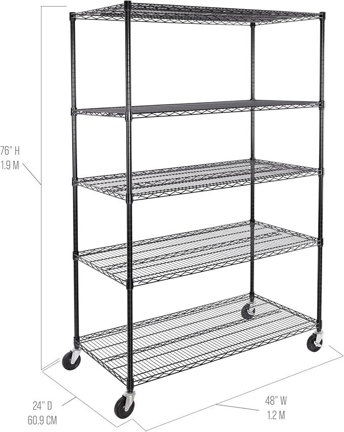 Seville Classics UltraDurable Heavy Duty NSF Solid Steel Wire Rack Storage Unit, Organizer for Garage, Warehouse, Office, Restaurant, Classroom, Kitchen, Black, 5-Tier Shelving, 48
