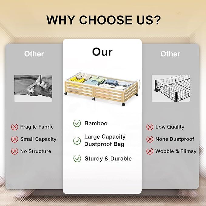 Under Bed Storage with Wheels-Large Bamboo Underbed storage Containers with Large Dust Bag Stackable Under the Bed Shoe Storage Bins for Clothes Books Bedding (2 Packs Nature, 33.07