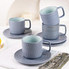 Large Cappuccino Cups with Saucers Set of 4, 8 Ounce Stackable Embossed Ceramic Coffee Mugs for Specialty Coffee Drinks, Latte, Cafe Mocha and Tea, Dishwasher & Microwave Safe (Blue)