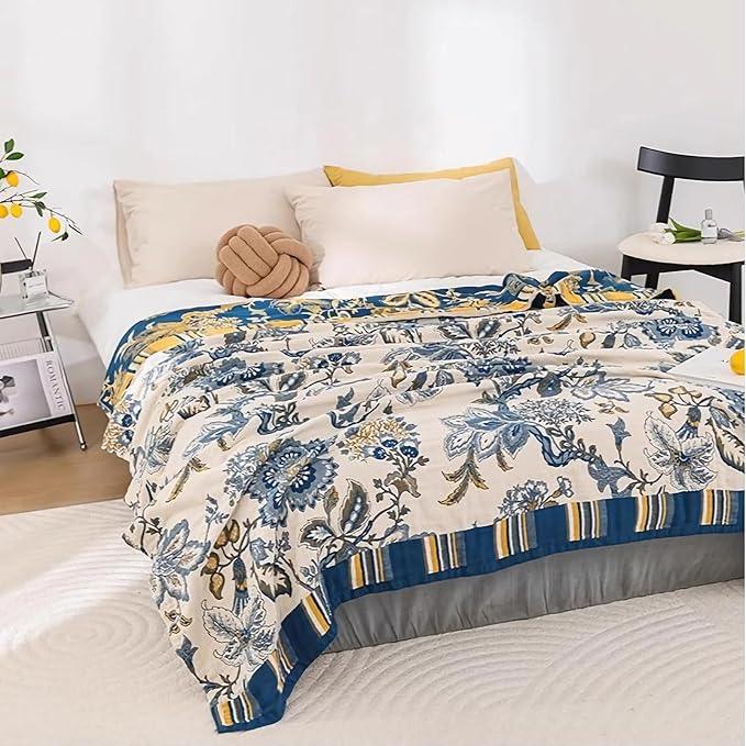Snycler Boho Throw Blanket for Bed - 100% Cotton Ultra Soft Rustic Quilt - White Blue Floral Printed Farmhouse Decor Bed Blankets, 60