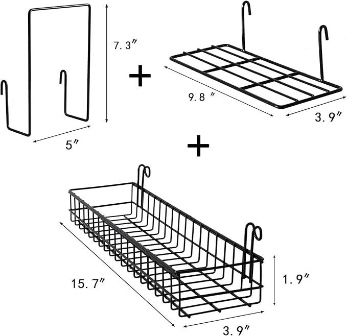 FRIADE Wall Grid Panel Hanging Basket with Hooks,Bookshelf,Display Shelf,Wall Organizer and Metal Shelving for Home Supplies,1 Set of 3 (Black)