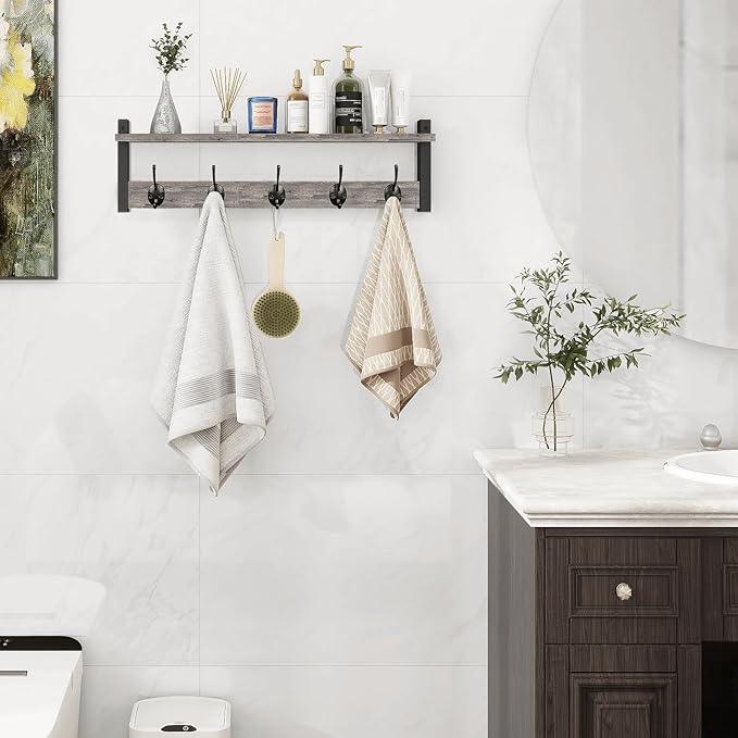 Homode Wall Hooks With Shelf, 24 Inch Coat Rack Wall Mount for Entryway, Clothes, Backpack, Key, Purse - Floating Shelf Hanging in Bathroom, Bedroom, Hallway, Rustic Grey