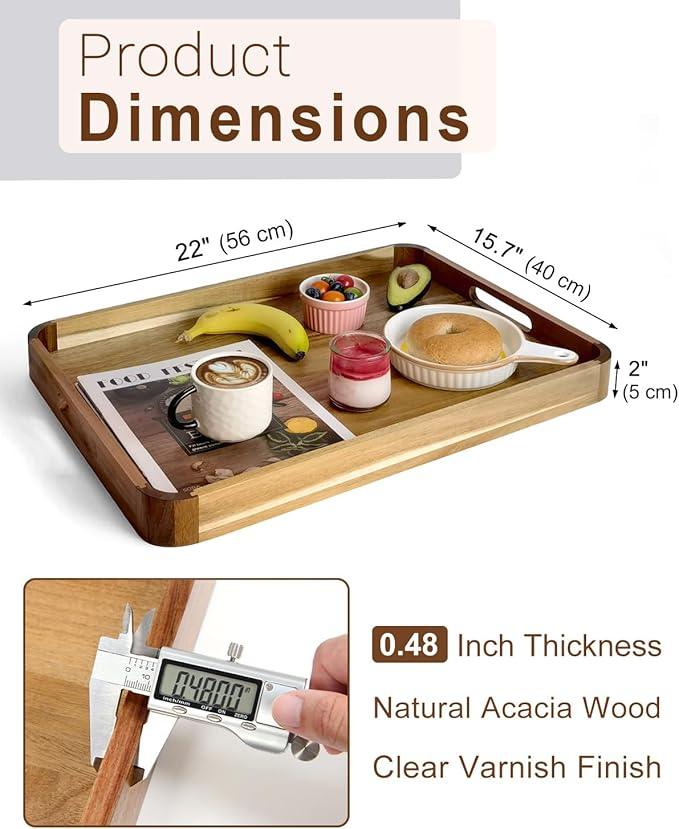 22 Inches Acacia Wood Serving Tray with Handles, Large Wooden Rectangle Ottoman Tray, Nice Home Decor for Living Room Coffee Table Couch, Ideal Size for Serving Food Breakfast BBQ Party