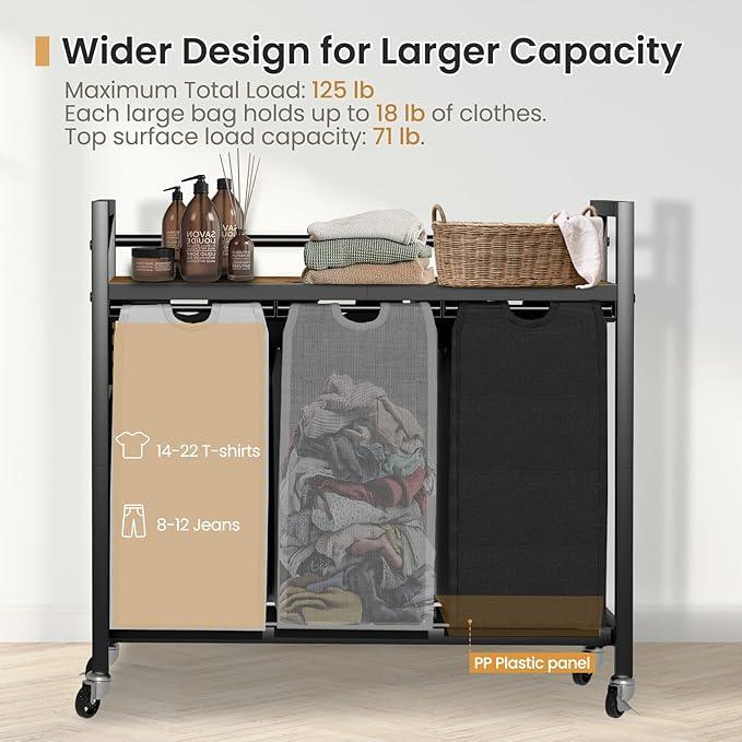 Laundry Hamper, Laundry Basket, Laundry Sorter with 3 Removable Bags, Clothes Basket with 3 Compartments, Wheels, Shelf for Laundry Room Bathroom Bedroom (3 Bags-Black Grey White)
