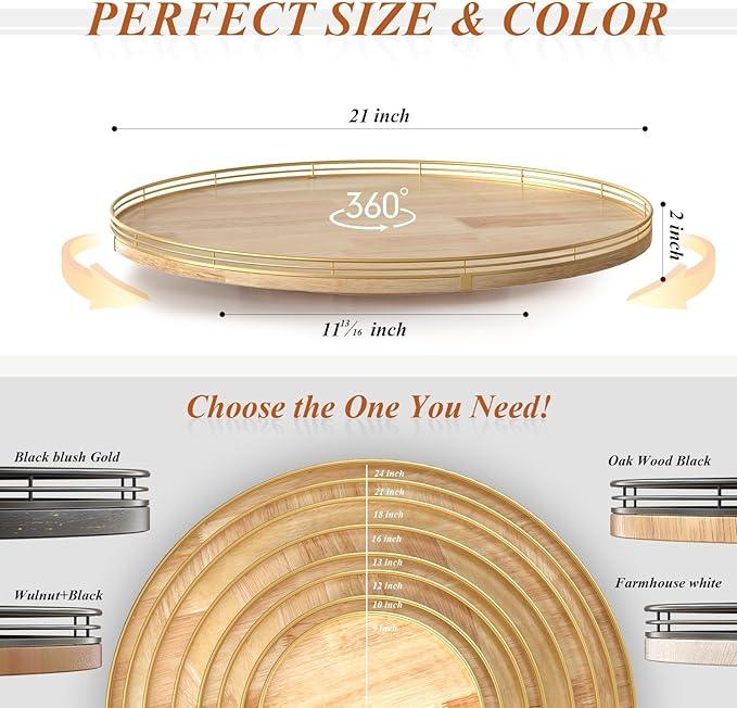 21-Inch Wooden Lazy Susan Turntable – Premium Oak & Iron, Extra Large Rotating Serving Tray for Dining Table, Kitchen Countertop, Farmhouse Décor, Spice Rack, Charcuterie & Entertaining